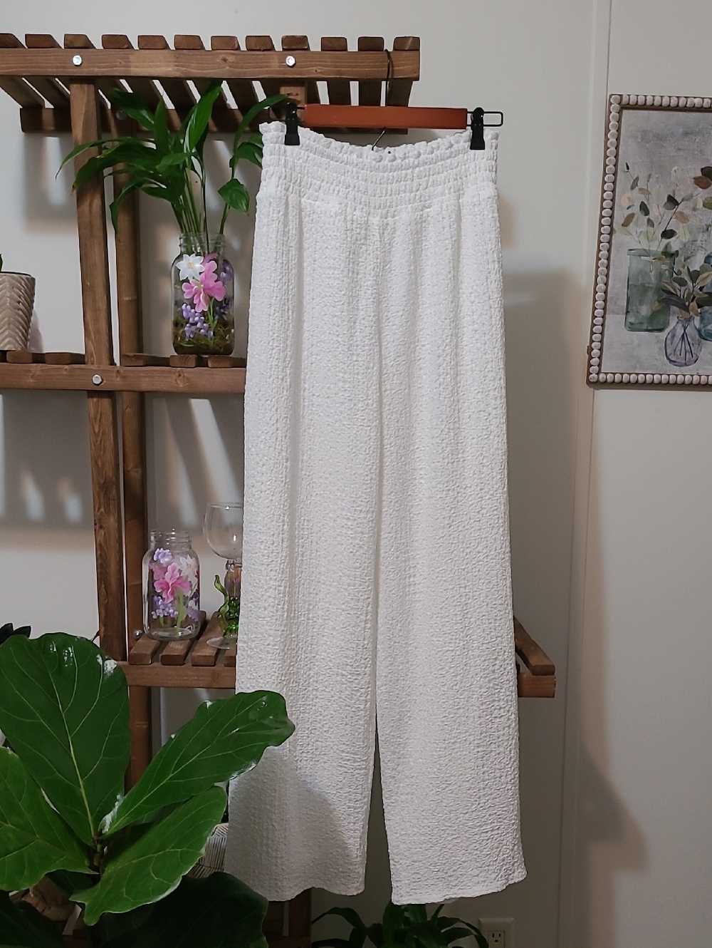 Vici Magen White High Waist Crinkle Crepe Fully Lined Wide Leg Pants